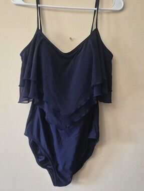 Vintage Longitude Woman Swimsuit With Ruffle On Chest, Navy Blue, Fits Medium